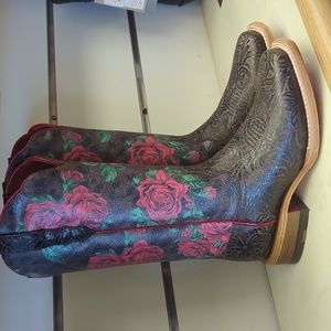 Ariat Women's Brown Floral Embroidered Western Heeled Boots with Red Roses